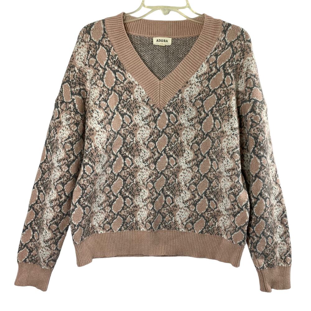Adora V Neck Sweater Womens Large Pink Gray White Print Warm Pullover Layer
